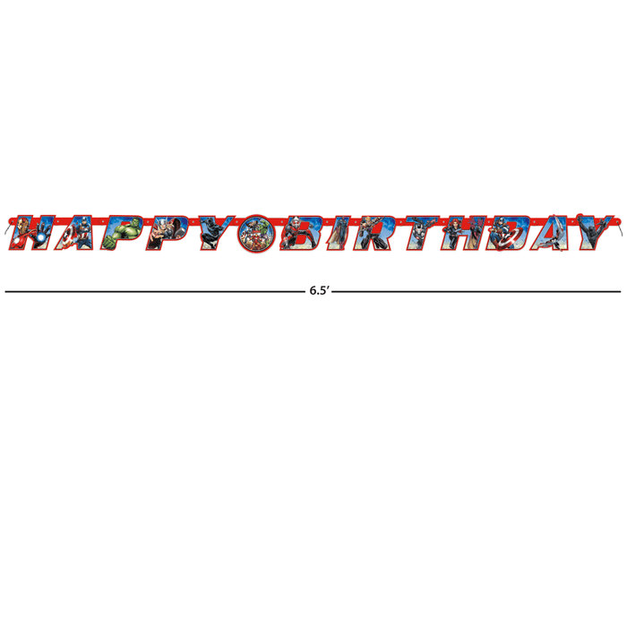 Superhero-themed 'Happy Birthday' banner with dimensions on a white background