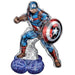 Blue and red Captain America character balloon featuring a shield, mask, and muscular suit design with a purple base stand.