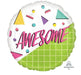 White round mylar balloon featuring bold magenta "AWESOME" text, lime green grid pattern, geometric shapes in yellow, purple, and teal, and colorful polka dots in a retro 80s style design.