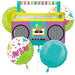 Colorful 5-piece mylar balloon bouquet featuring a purple and teal boombox with yellow trim, two silver speaker circles, and three coordinating balloons in white, lime green, and teal with geometric patterns and "Awesome" text.