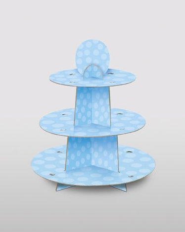 Light blue three-tiered cupcake stand with cloud pattern design and support feet, displayed against a neutral background.