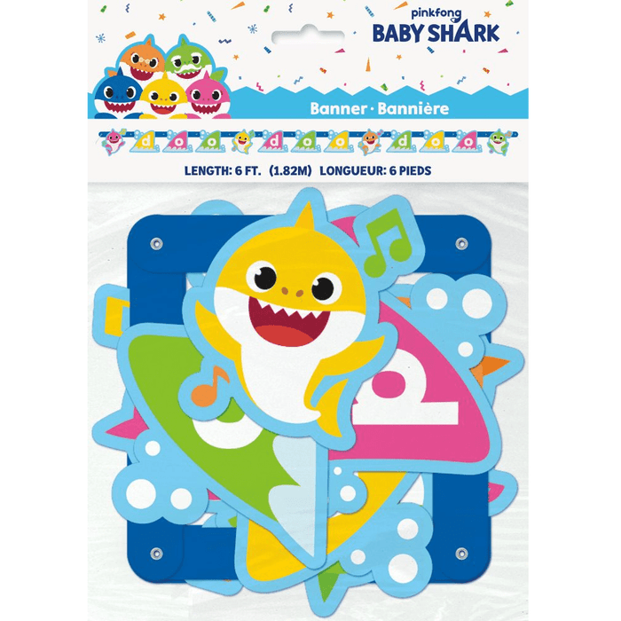 Colorful 6-foot Baby Shark banner featuring a smiling yellow baby shark character surrounded by musical notes and bubbles in blue, green, pink, and yellow, with an alphabet letter garland strip displayed above.