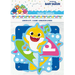 Colorful 6-foot Baby Shark banner featuring a smiling yellow baby shark character surrounded by musical notes and bubbles in blue, green, pink, and yellow, with an alphabet letter garland strip displayed above.