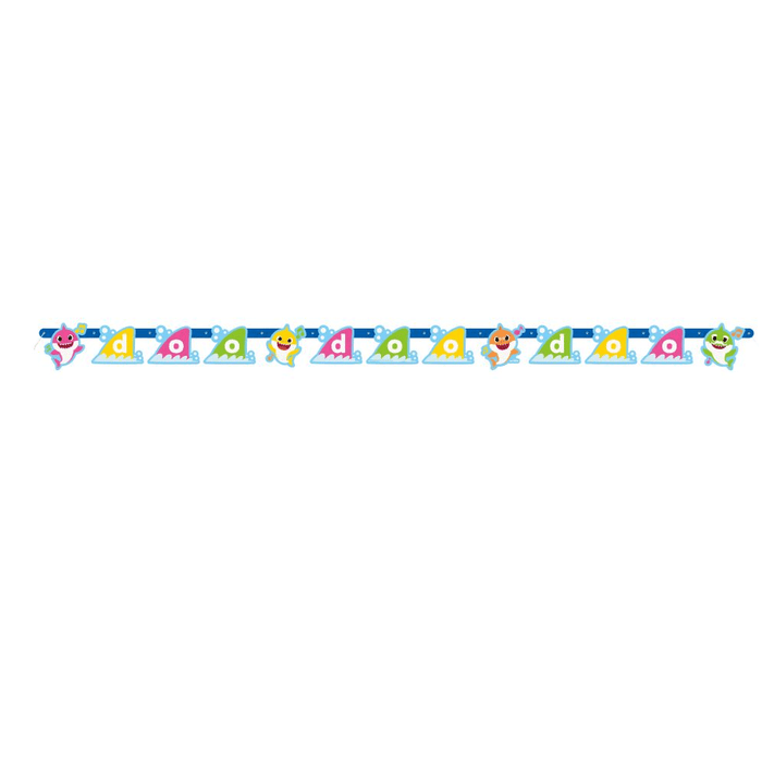 Colorful paper banner featuring smiling Baby Shark characters in pink, blue, and green alternating with yellow triangular flags displaying letters, approximately 6 feet long.