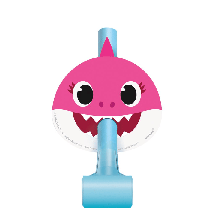 Fan shaped like a cartoon shark with pink face and blue body on a white background
