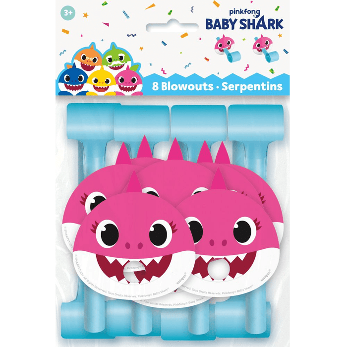 Pack of pink baby shark blowouts with packaging featuring Baby Shark characters and text.