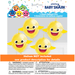 Four yellow latex balloons with smiling Baby Shark faces, yellow fin attachments, and hanging strings displayed against a gray background.