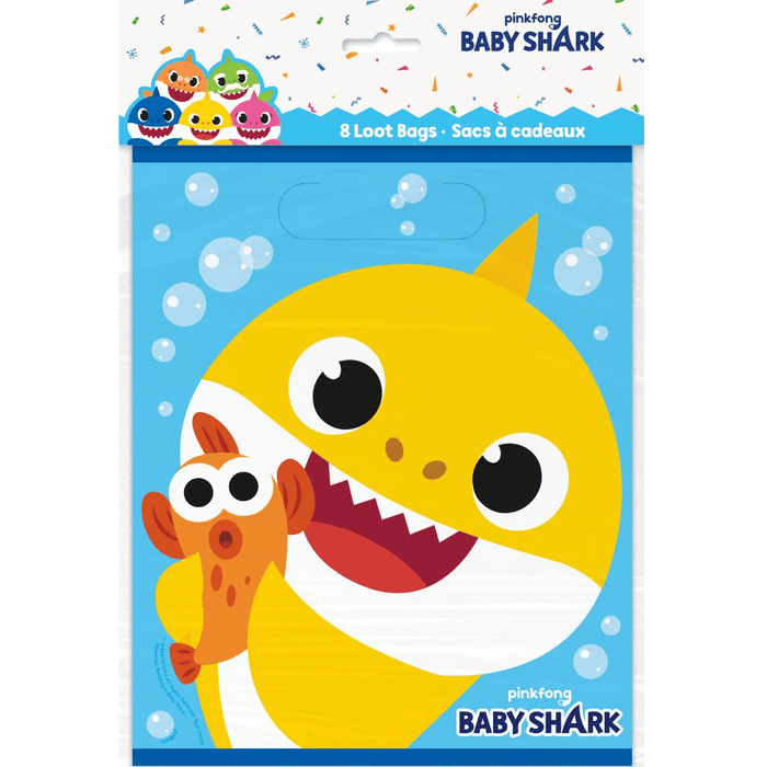 Package of 8 Baby Shark loot bags featuring a large yellow smiling shark character with big eyes holding an orange fish, surrounded by bubbles on a blue background.