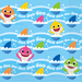 Blue napkin design featuring colorful smiling baby sharks in orange, yellow, pink, and green with "doo doo" text repeated across a wavy ocean background.
