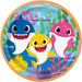 Orange-rimmed paper plate featuring three colorful smiling sharks—blue, yellow, and pink—surrounded by green seaweed and coral in an underwater scene.