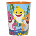 Colorful plastic cup featuring smiling Baby Shark characters in yellow, pink, and orange with an orange rim, surrounded by underwater seaweed and coral designs on a blue background.
