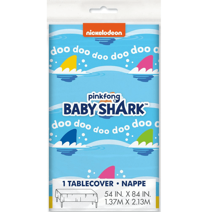 Baby Shark plastic tablecover package featuring colorful shark fins and "doo doo doo" text on blue water background, measuring 54 inches by 84 inches.