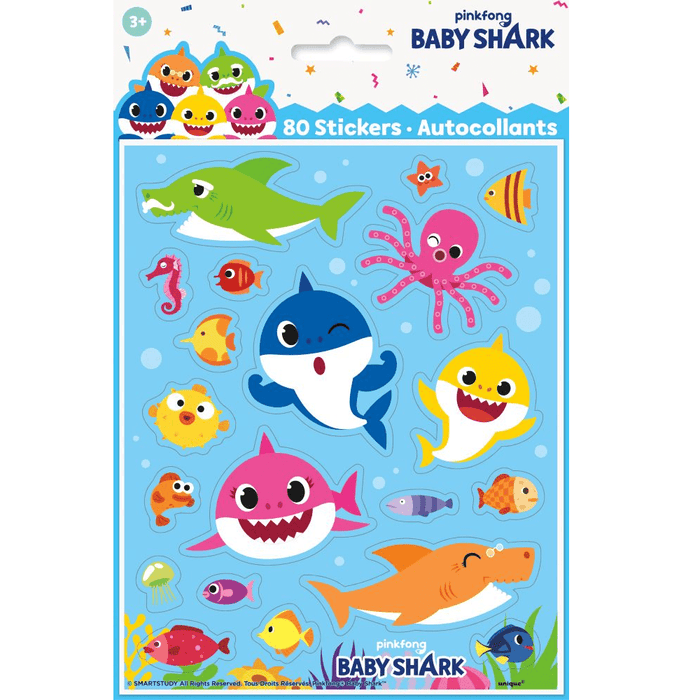 Pack of Baby Shark stickers with colorful sea creatures on a blue background