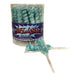 A clear plastic tub of Setlash blueberry-flavored lollipops with turquoise wrappers, showing one lollipop displayed in front.