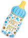 Blue and white baby bottle-shaped foil balloon with yellow nipple, decorated with "Baby Boy" text in gold lettering and blue and gold polka dots and hearts.