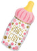 Pink and white mylar balloon shaped like a baby bottle with "Baby Girl" text in gold lettering, decorated with pink and gold dots and hearts, topped with a yellow nipple cap.