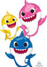 Three smiling shark character balloons in yellow, pink, and blue stacked together with big eyes and open mouths showing teeth.