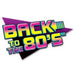 Colorful neon-style "Back to the 80's" text logo with pink, yellow, and blue gradient lettering and purple arrow shapes on a white background.