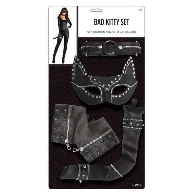 Black studded cat mask with chain accents, matching studded wrist cuffs, and studded belt displayed on packaging showing a model wearing the complete costume set.