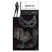 Black studded cat mask with chain accents, matching studded wrist cuffs, and studded belt displayed on packaging showing a model wearing the complete costume set.
