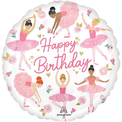 Round white mylar balloon featuring pink "Happy Birthday" text surrounded by illustrated ballerinas in pink tutus, gold hearts, and pink flowers.