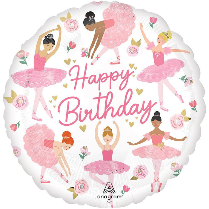 Round white mylar balloon featuring pink "Happy Birthday" text surrounded by illustrated ballerinas in pink tutus, gold hearts, and pink flowers.