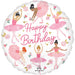 Round white mylar balloon featuring pink "Happy Birthday" text surrounded by illustrated ballerinas in pink tutus, gold hearts, and pink flowers.