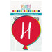 Colorful balloon-shaped birthday banner with the letter H in white on a red center, featuring multicolored circular pennants across the top and rope handles, measuring 9 feet long.