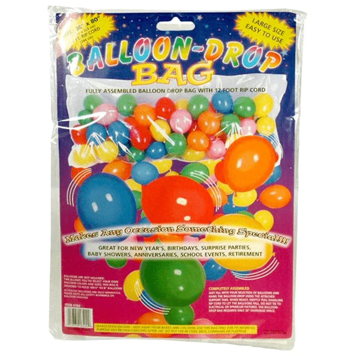 Colorful balloon drop bag package featuring assorted red, blue, green, yellow, and orange balloons in various sizes with a 12-foot rip cord, fully assembled and ready to use for parties and celebrations.