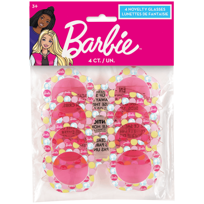 Four pink novelty glasses with flower-shaped frames featuring yellow, pink, and blue polka dot patterns and Barbie branding throughout.