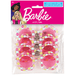 Four pink novelty glasses with flower-shaped frames featuring yellow, pink, and blue polka dot patterns and Barbie branding throughout.