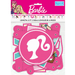 Bright pink Happy 1st Birthday banner, 6 feet long, featuring Barbie's silhouette profile in the center circle surrounded by decorative elements and mounting holes.