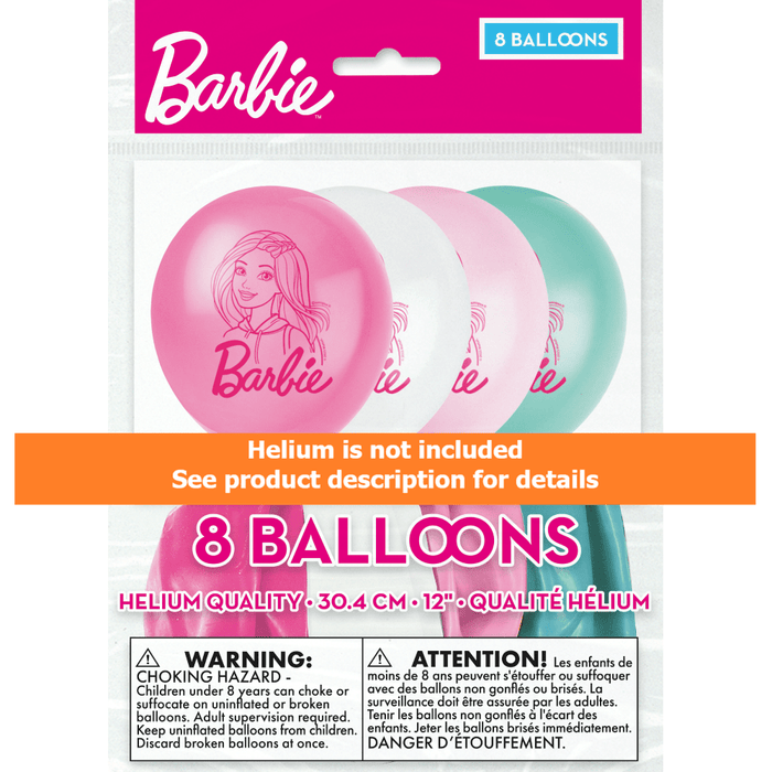 Barbie-themed balloons in packaging with pink, white, and green colors.