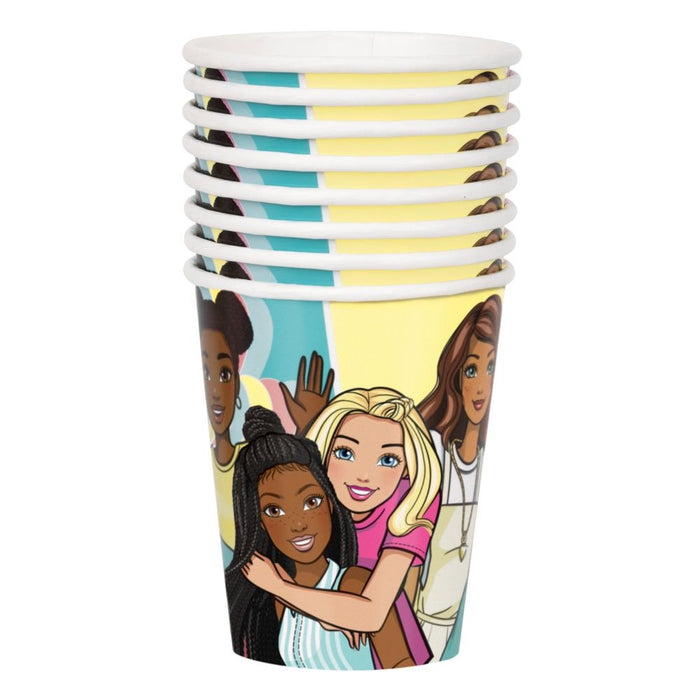 Stack of eight 9-ounce paper cups featuring colorful illustrations of diverse young women's faces against yellow and turquoise sections with white rims.