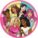 Pink paper plate featuring six diverse illustrated girls with different hairstyles and skin tones arranged in a circular design with colorful pastel backgrounds.