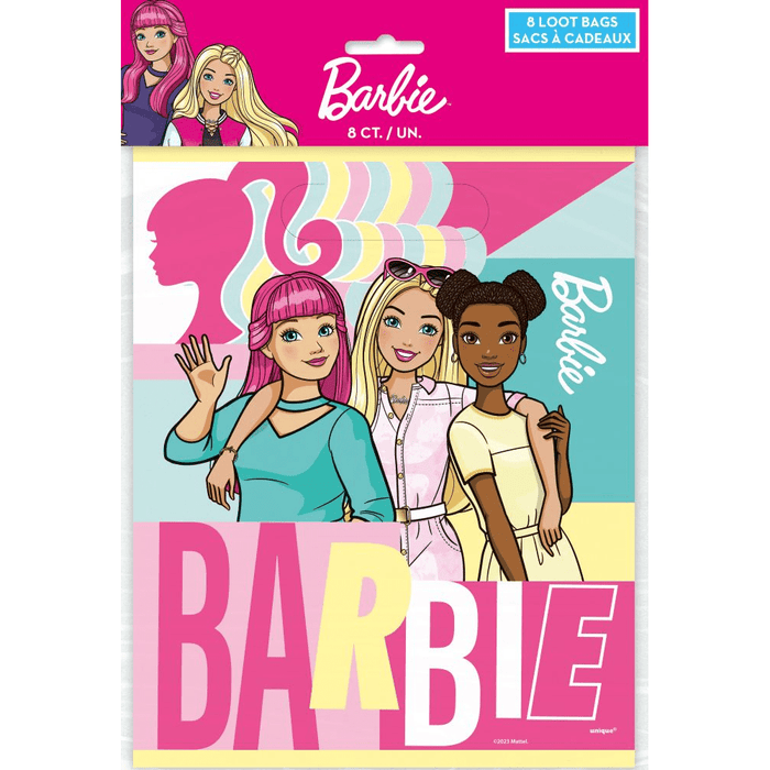 Barbie-themed plastic loot bags package featuring colorful illustrations of three diverse Barbie dolls and the large "BARBIE" text in pink and yellow, containing 8 bags total.