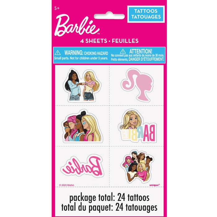 Barbie temporary tattoos package with bright pink border displaying six different tattoo sheet designs featuring Barbie characters, silhouettes, and logos, containing 24 total tattoos for ages 5 and up.