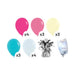 Product kit image showing 4 hot pink latex balloons, 3 pastel pink latex balloons, 3 pale yellow latex balloons, 3 aqua latex balloons, 4 white latex balloons, a matching balloon weight, and a balloon transport bag.