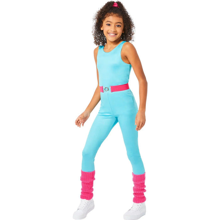 Child wearing a turquoise sleeveless unitard with a hot pink belt and matching leg warmers, paired with white sneakers and a pink hair clip.