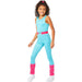Child wearing a turquoise sleeveless unitard with a hot pink belt and matching leg warmers, paired with white sneakers and a pink hair clip.