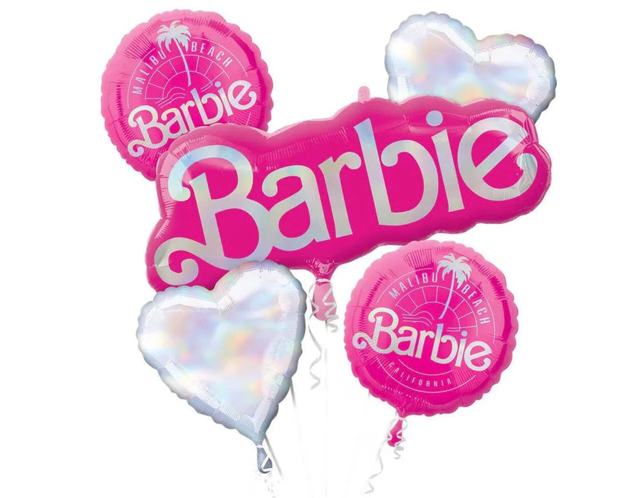 Bright pink and iridescent foil balloon bouquet featuring a large Barbie logo, two circular Malibu Beach Barbie balloons, and two silvery heart-shaped balloons arranged together.