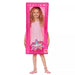 Child wearing a pink Barbie doll box costume with cutout for head and legs, decorated with stars and branding, paired with pink shoes.