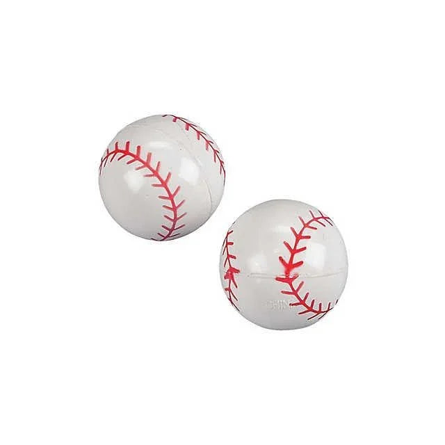 Two white rubber bouncy balls with red stitching detail arranged against a white background.