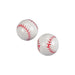 Two white rubber bouncy balls with red stitching detail arranged against a white background.