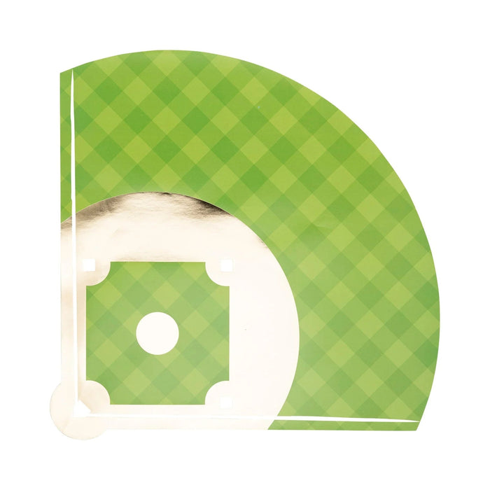 Green argyle-patterned paper placemat shaped like a baseball diamond with cream-colored accents and a small white circle detail in the center.