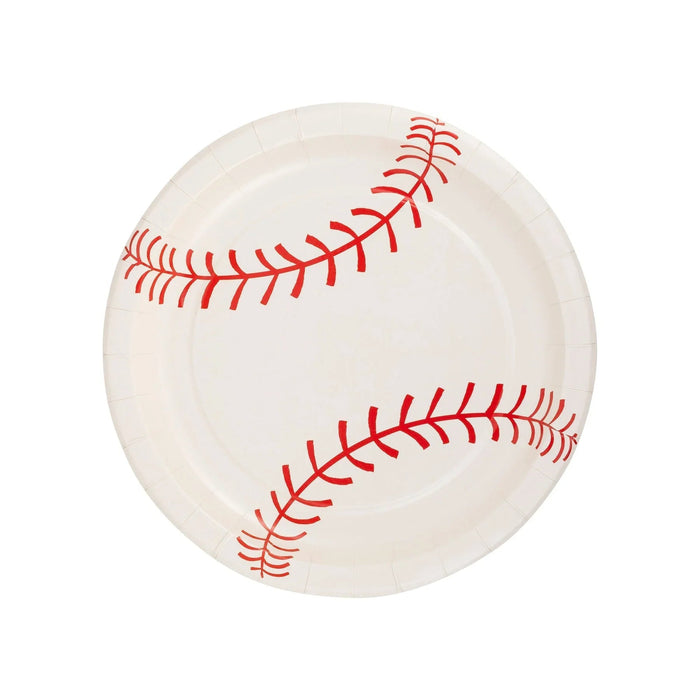 White paper plate with red baseball stitching design printed across the surface.