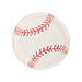 White paper plate with red baseball stitching design printed across the surface.