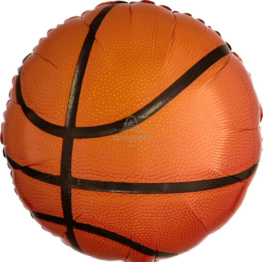 Orange basketball-shaped mylar balloon with black lines and textured rubber surface, displayed against a white background.