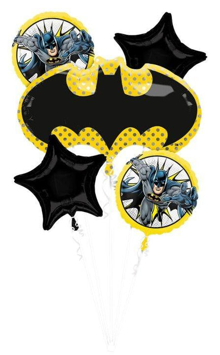 Black and yellow Batman-themed mylar balloon bouquet with five pieces including a large bat symbol balloon, two black star balloons, and two circular Batman portrait balloons with yellow polka dot accents.