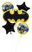 Black and yellow Batman-themed mylar balloon bouquet with five pieces including a large bat symbol balloon, two black star balloons, and two circular Batman portrait balloons with yellow polka dot accents.